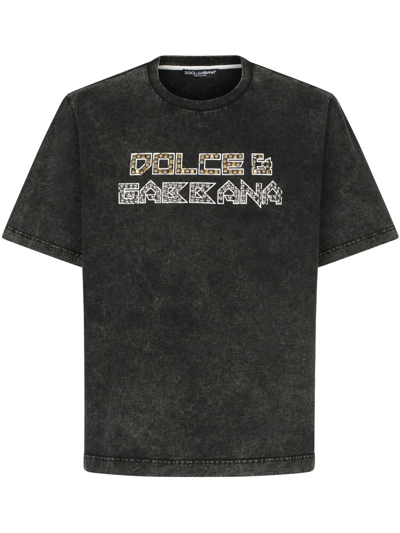 Shop Dolce & Gabbana Stud-embellished Washed Cotton T-shirt In Black
