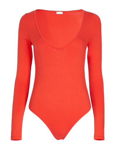 Shop 8 By Yoox Viscose L/sleeve Deep V-neck Bodysuit Woman T-shirt Red Size Xl Viscose, Elastane