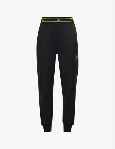 Shop Adidas By Stella Mccartney Womens Black Shock Yellow Tapered High-rise Organic-cotton Jogging Bottom