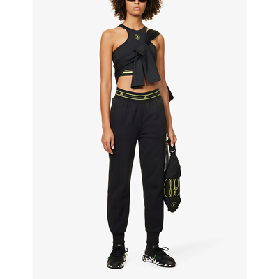 Shop Adidas By Stella Mccartney Womens Black Shock Yellow Tapered High-rise Organic-cotton Jogging Bottom