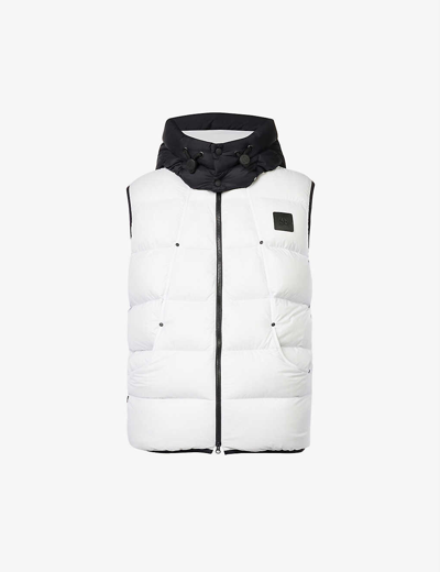 Shop Moose Knuckles Bushwick Brand-embroidered Shell-down Hooded Vest In Nimbus Cloud