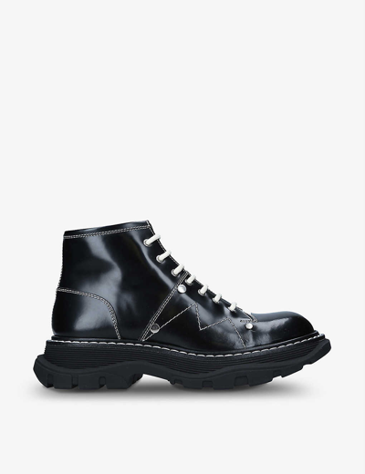Shop Alexander Mcqueen Women's Black Tread Lace-up Leather Ankle Boots
