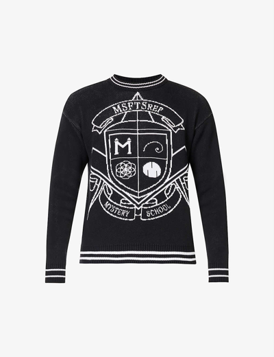 Shop Msftsrep Mystery School Crest-intarsia Organic Cotton-knit Jumper In Black