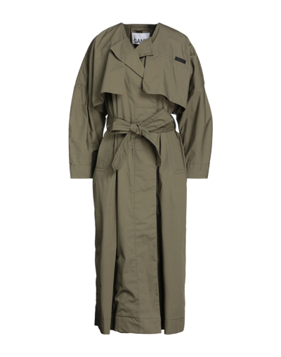 Shop Ganni Woman Overcoat & Trench Coat Military Green Size 10/12 Organic Cotton, Polyamide, Elastane