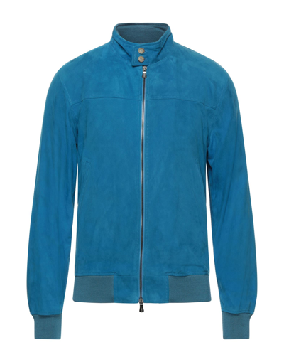 Shop Fedeli Man Jacket Azure Size 48 Goat Skin In Blue