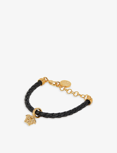 Shop Versace Medusa Braided Leather Bracelet In Black Gold