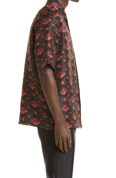 Shop Fendi Oversize Ff Diamond Motif Short Sleeve Silk Button-up Shirt In Rubino