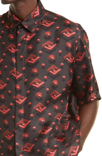 Shop Fendi Oversize Ff Diamond Motif Short Sleeve Silk Button-up Shirt In Rubino