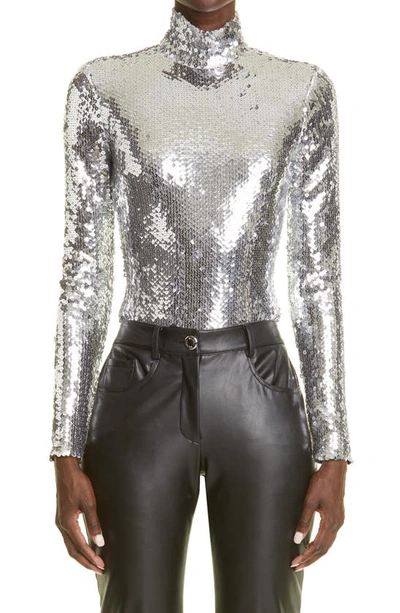 Shop Brandon Maxwell Mirror Paillette Turtleneck Bodysuit In Silver