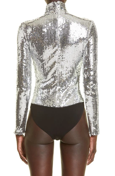 Shop Brandon Maxwell Mirror Paillette Turtleneck Bodysuit In Silver