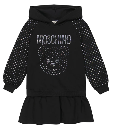 Shop Moschino Embellished Cotton-blend Hooded Dress In Black