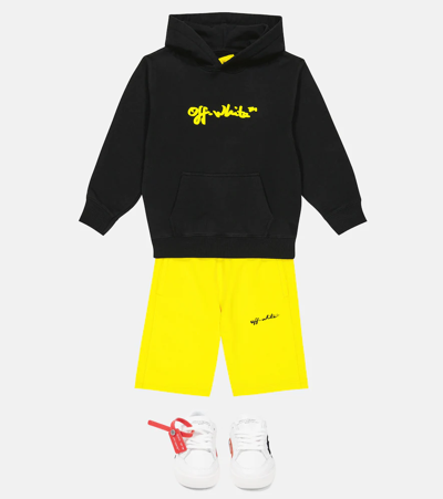 Shop Off-white Logo Cotton Jersey Hoodie In Black Yellow