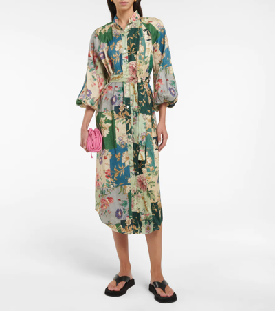 Shop Alemais Loretta Patchwork Linen Shirt Dress In Sage Floral