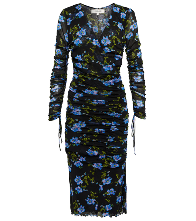 Shop Diane Von Furstenberg Rochelle Floral Ruched Mesh Midi Dress In August Floral Small Black