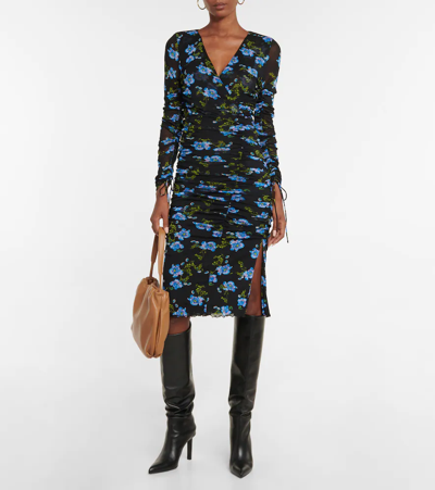 Shop Diane Von Furstenberg Rochelle Floral Ruched Mesh Midi Dress In August Floral Small Black