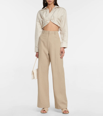 Jacquemus Baci Cropped Underwired Cotton And Linen-blend Shirt In Light Beige