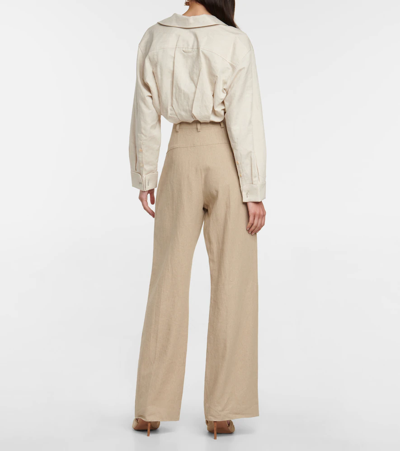 Jacquemus Baci Cropped Underwired Cotton And Linen-blend Shirt In Light Beige