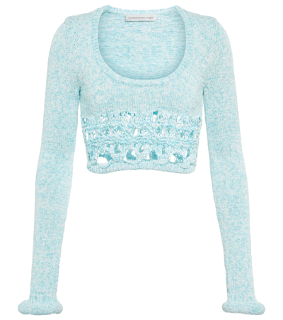 Shop Christopher Esber Open-knit Cotton-blend Crop Top In Iced Aqua Marle