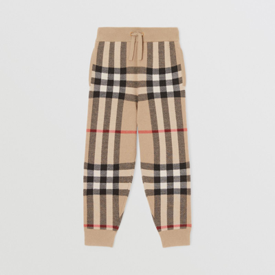 Shop Burberry Childrens Check Wool Cashmere Jacquard Jogging Pants In Archive Beige