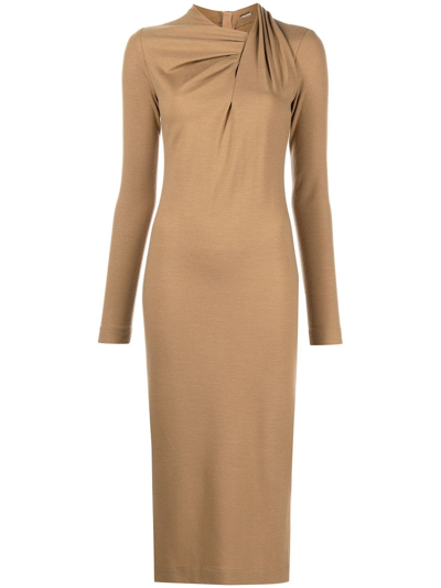 Shop Adam Lippes Ruched Midi Dress In Brown