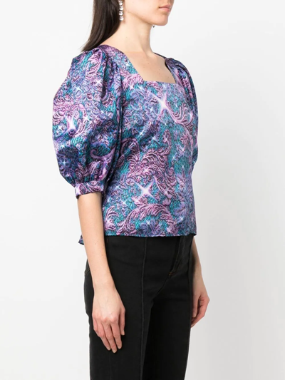 Shop Viktor & Rolf Brocade-effect Print Puff-sleeve Blouse In Purple