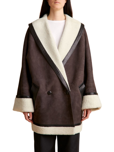 Shop Khaite Women's Layton Shearling-lined Wrap Coat In Bone Classic Brown