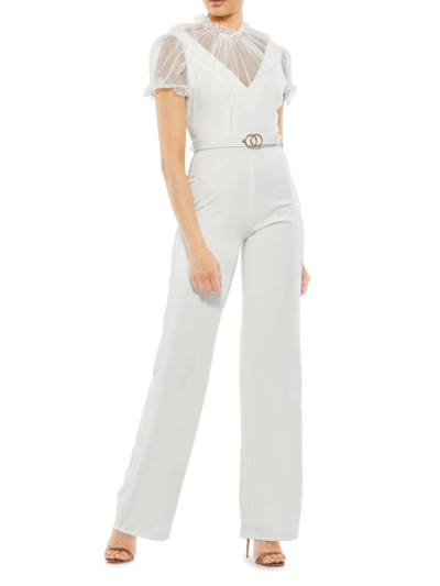 Shop Mac Duggal Women's Belted Illusion Crepe Jumpsuit In White