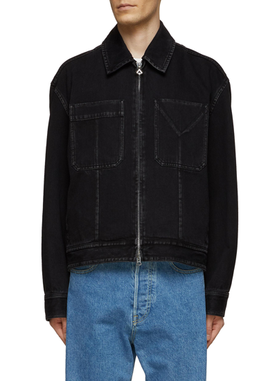 Shop Solid Homme Two-way Zip Washed Denim Jacket In Black