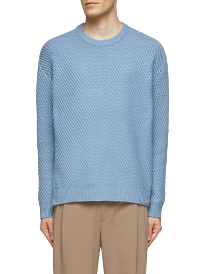 Shop Solid Homme Diagonal Ribbed Wool Blend Knit Crewneck Sweater In Blue