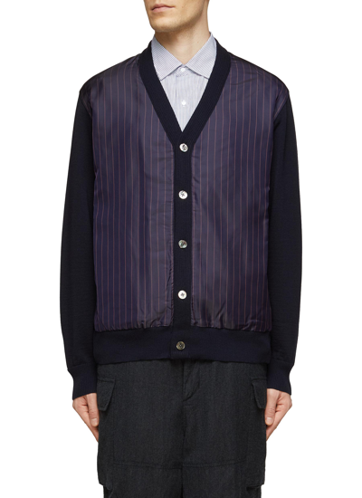 Shop Nanamica Striped Panel Wool Blend Knit Cardigan In Black