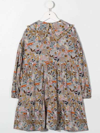 Shop Il Gufo Floral-print Oversize-collar Dress In Grey