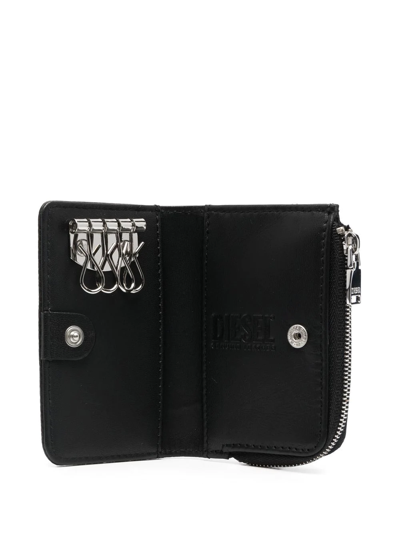 Shop Diesel L-zip Leather Keyholder Wallet In Black