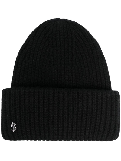 Shop Yves Salomon Logo Beanie Hat In Black