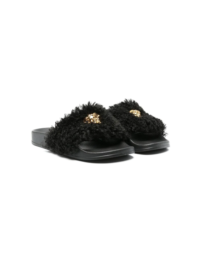 Shop Versace Teen Medusa Faux-fur Slides In Black