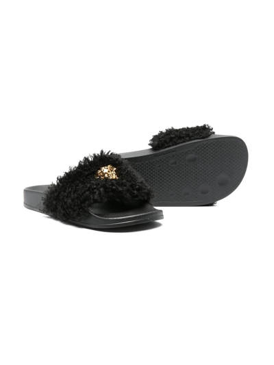 Shop Versace Teen Medusa Faux-fur Slides In Black