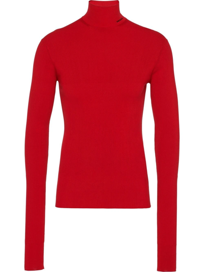 Shop Prada Ribbed Roll Neck Sweater In Red