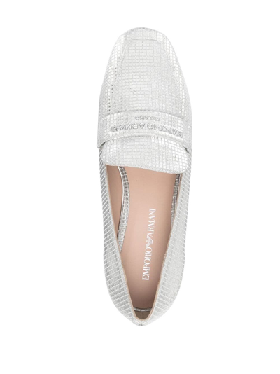 Shop Emporio Armani Logo-embroidered Leather Ballerina Shoes In Silber