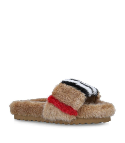 Shop Burberry Faux Fur Hockley Slides In Beige