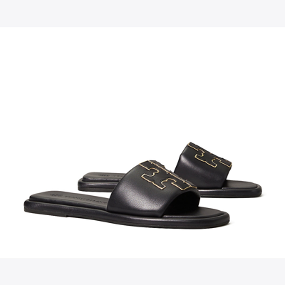Shop Tory Burch Double T Burch Slide, Wide In Perfect Black/gold