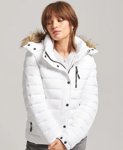 Superdry Women's Faux Fur Short Hooded Puffer Jacket White | ModeSens