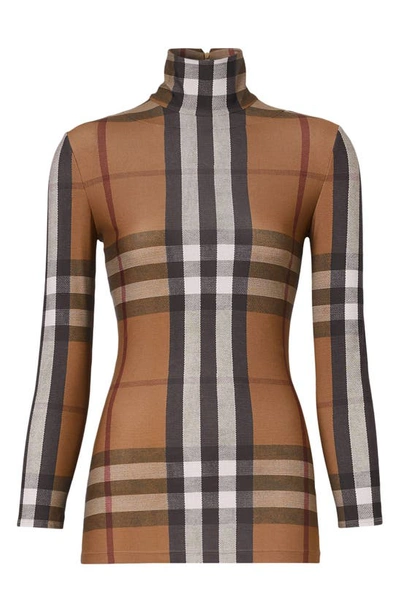 Shop Burberry Emery Check Turtleneck Top In Birch Brown Ip Chk