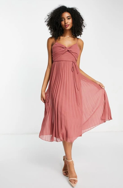 Shop Asos Design Twist Front Pleated Midi Dress In Pink