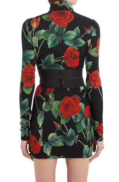 Shop Dolce & Gabbana Rose Print Mock Neck Stretch Silk Crop Top In Hn2zo Rose Fdo Nero