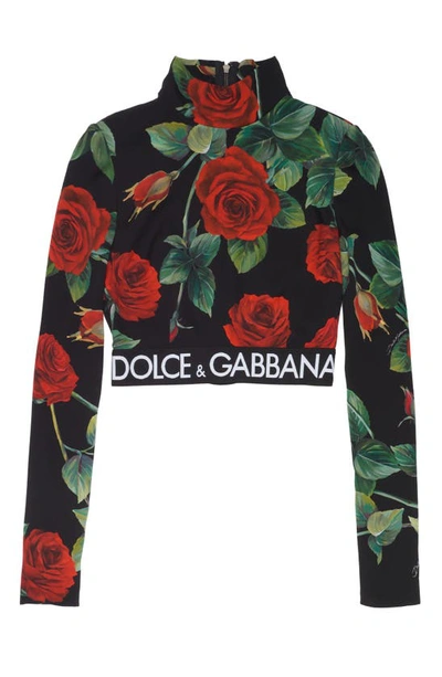 Shop Dolce & Gabbana Rose Print Mock Neck Stretch Silk Crop Top In Hn2zo Rose Fdo Nero