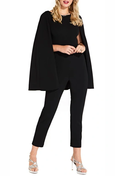 Shop Adrianna Papell Long Cape Sleeve Stretch Crepe Jumpsuit In Black