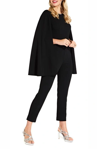 Shop Adrianna Papell Long Cape Sleeve Stretch Crepe Jumpsuit In Black