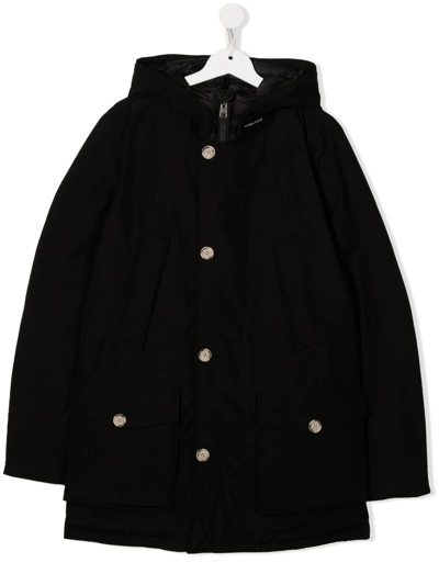 Shop Woolrich Hooded Button-up Long-sleeve Coat In Black