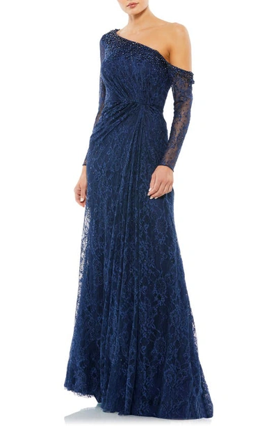 Shop Mac Duggal Sequin One-shoulder Long Sleeve Lace A-line Gown In Navy