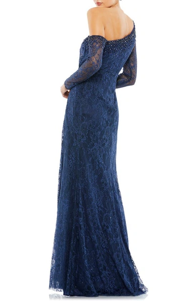 Shop Mac Duggal Sequin One-shoulder Long Sleeve Lace A-line Gown In Navy