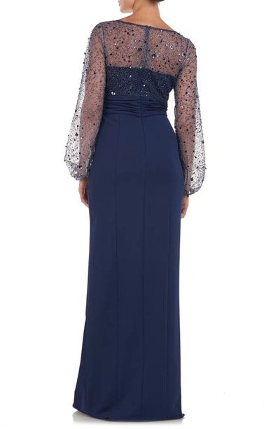 Js Collections Logan Beaded Ilusion Lace Long Sleeve Column Gown In Navy
